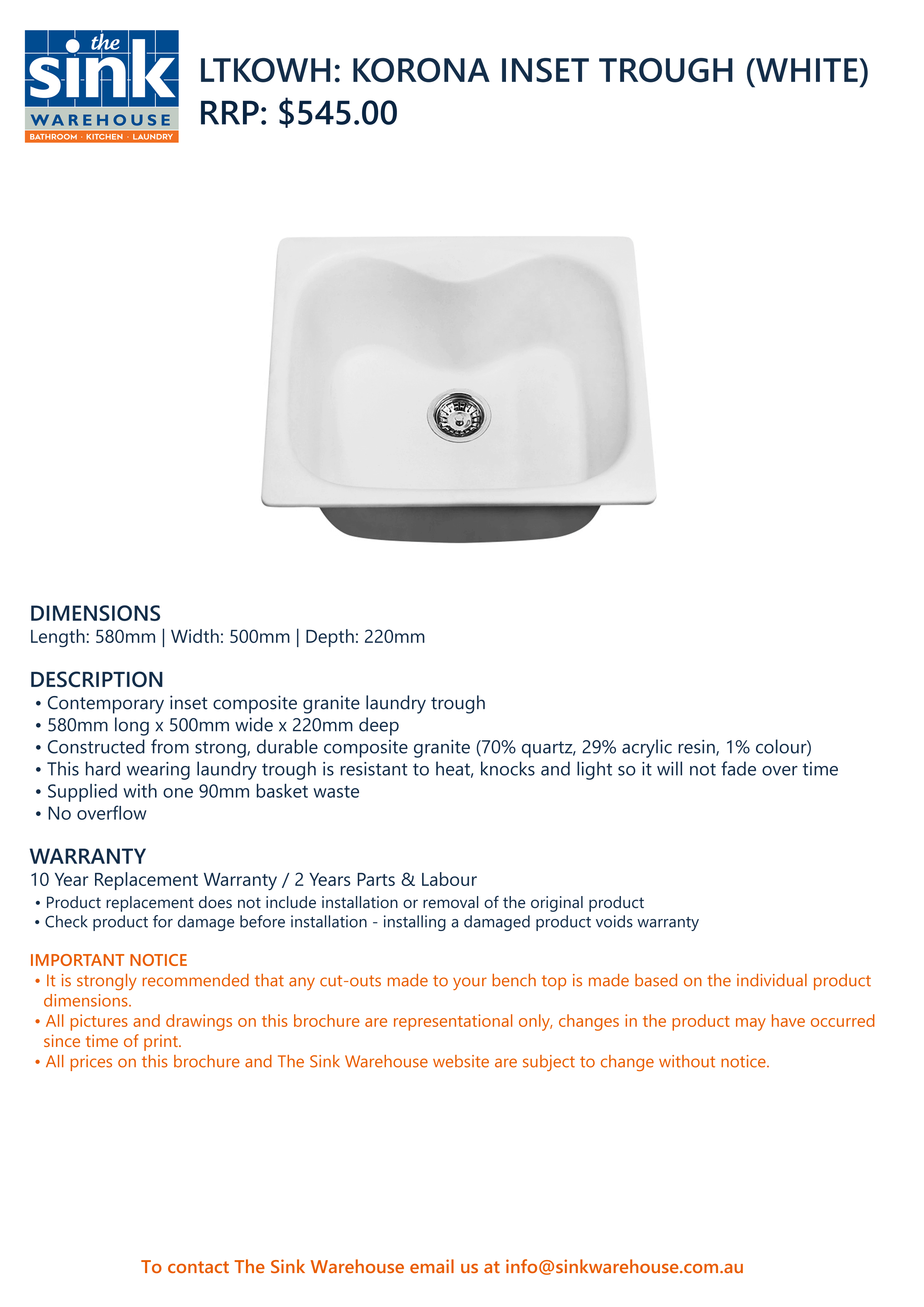 Korona White Granite Laundry Trough - Laundry Sink Width Korona White Granite Laundry Trough - Laundry Sink Width