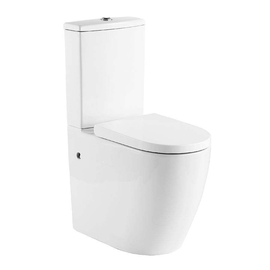 White back to wall ceramic toilet with hard plastic seat and chrome flush buttons