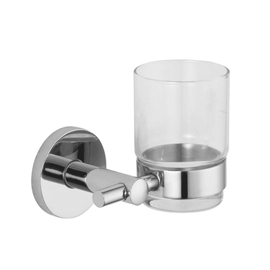 Round stainless steel toothbrush and glass tumbler holder
